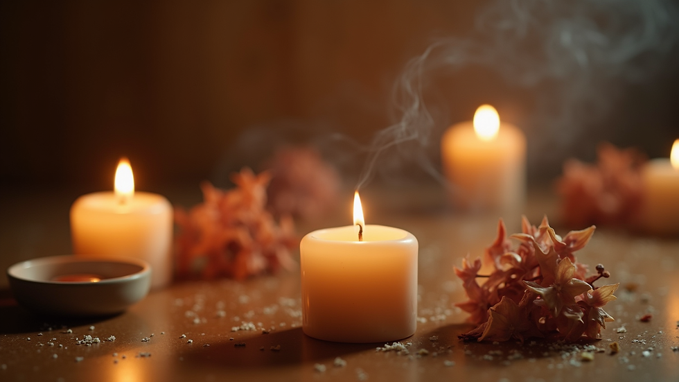 Close-up view of a serene meditation space with candles and incense