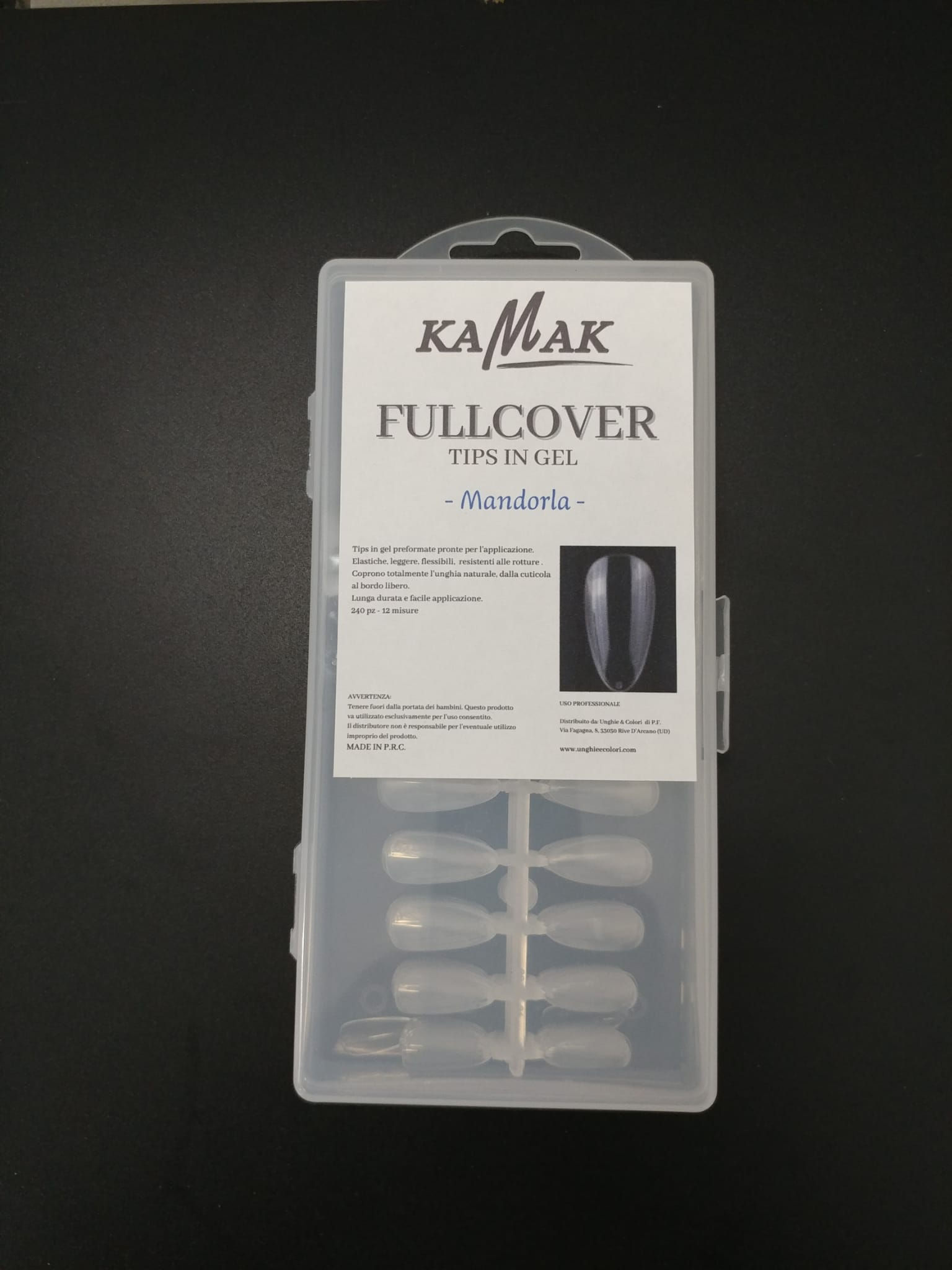 scatola in plastica con 240 pezzi fullcover tips mandorla kamak