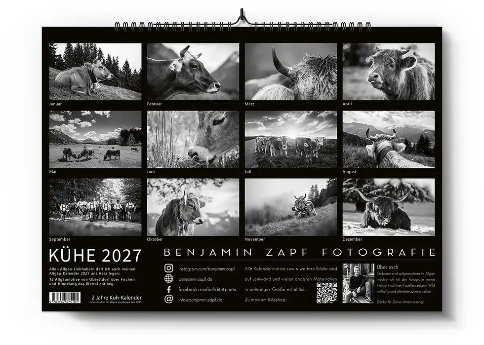 Rückseite Allgäuer Kuh-Kalender 2027 – alle 12 Schwarzweiß-Motive von Januar bis Dezember, Benjamin Zapf Fotografie