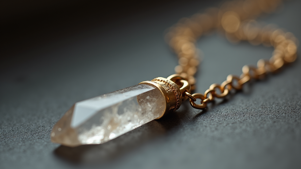 Eye-level view of a pendant with a raw crystal on a simple chain