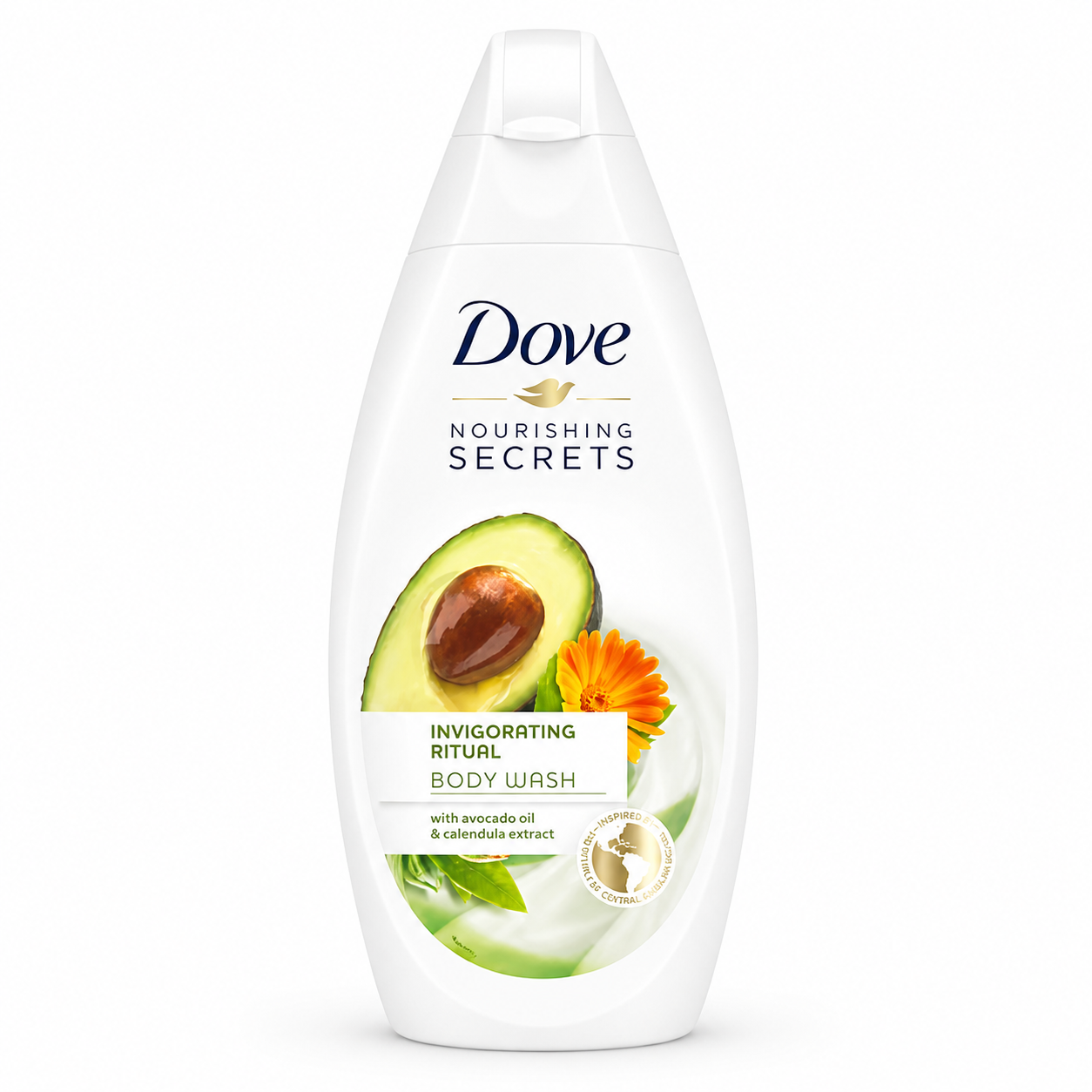 Dove Nourishing Secrets body wash 1 pack avocado and calendula 750ml moisturising shower gel bottle on white background