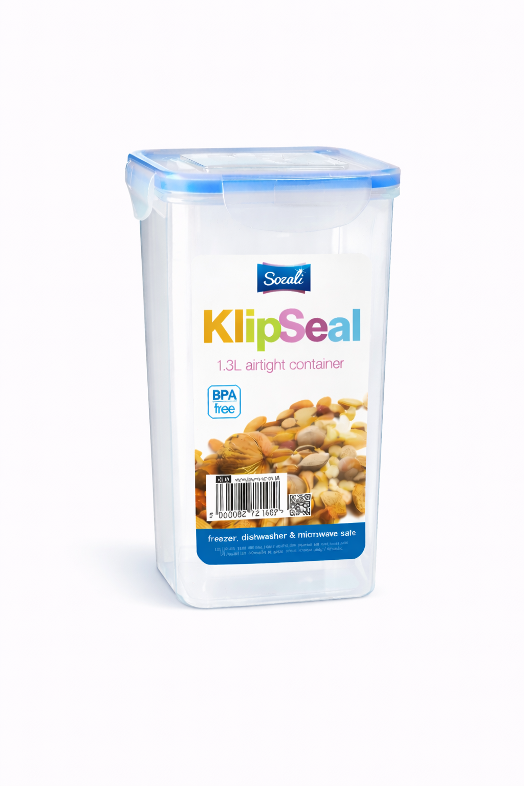 Sozali Klip Seal 1.3L airtight food storage container with clip lid on white background.