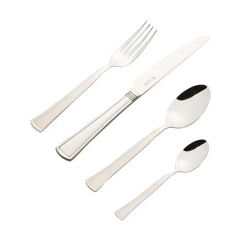 Thumbnail: Viners Windsor 16 piece stainless steel cutlery set with dinner fork, knife, tablespoon and teaspoon on white background.
