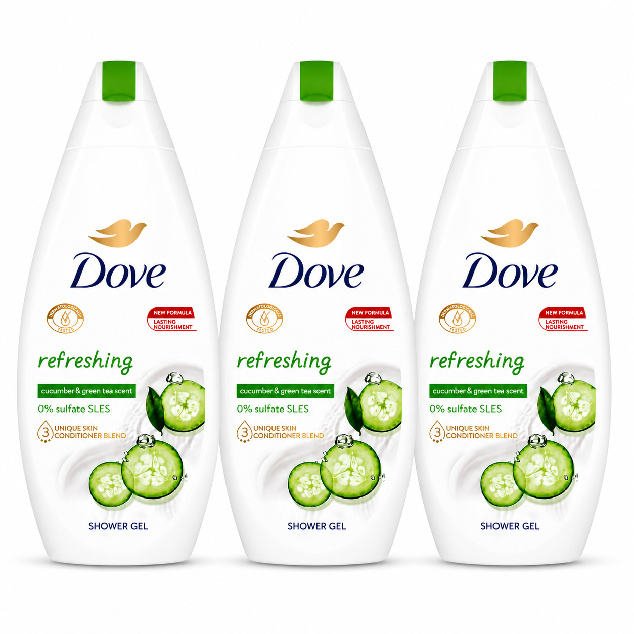 Dove Refreshing Shower Gel Cucumber and Green Tea 3 Pack Moisturising Body Wash Bottles