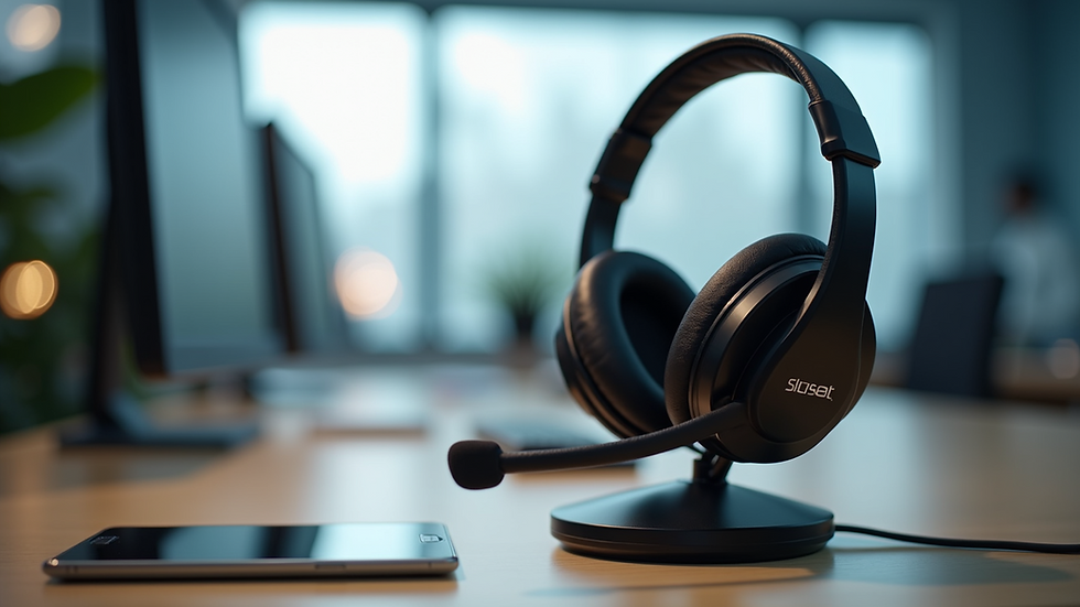 Eye-level view of a customer service phone headset on a desk