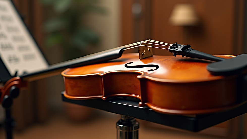 Close-up view of a violin resting on a music stand