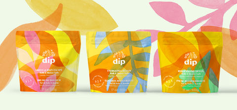 Création de l'univers visuel, du logo et des packaging pour la marque de sels de bains DIP.