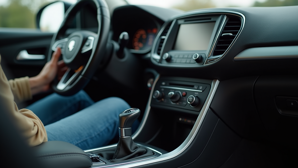 Close-up of a WS Driving School instructor’s car dashboard showing automatic gear shift and controls