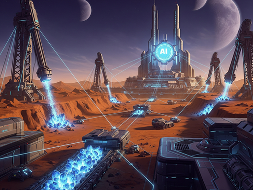 Futuristic scene with robotic arms mining blue crystals on a Mars-like landscape, AI hub central, two moons visible in purple sky.