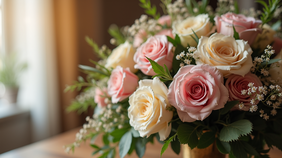 Close-up view of an intricate floral arrangement for a wedding