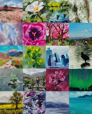 mini acrylic 6x6cm paintings of landscapes, flowers, raindrops, jellyfish and water ripples.