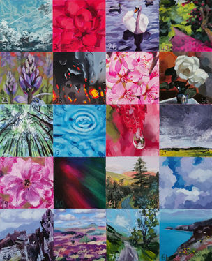 mini acrylic 6x6cm paintings of landscapes, flowers, raindrops, jellyfish and water ripples.