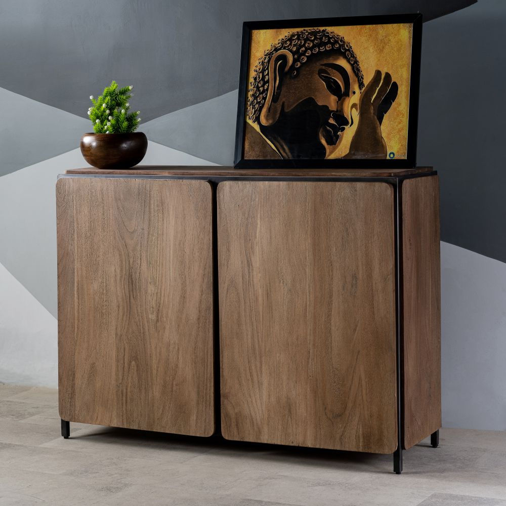Metal Edge Acacia Wood Cabinet