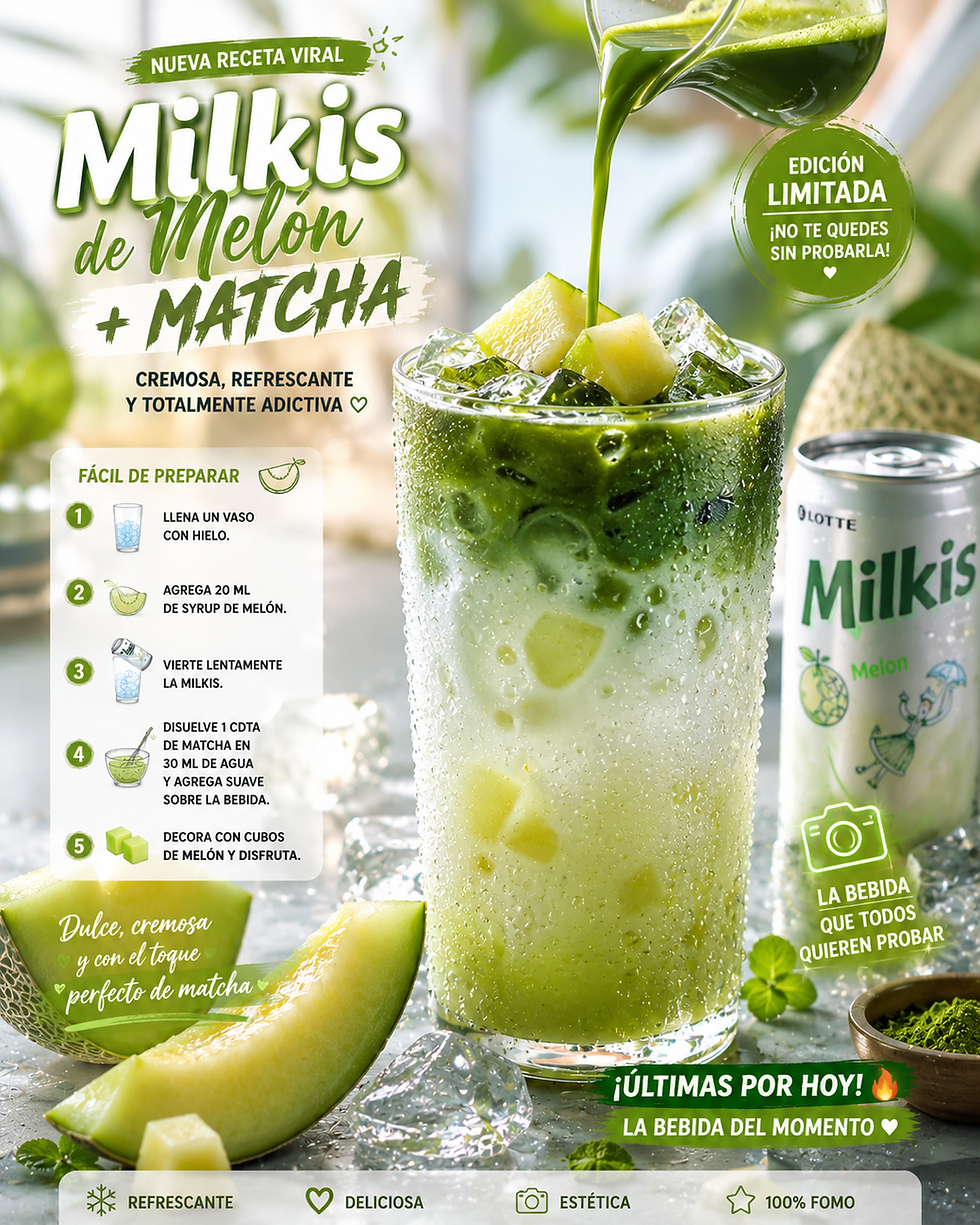 Vaso de Milkis de melón con matcha, hielo y capas verdes cremosas. Bebida asiática refrescante y moderna.