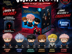 Colección oficial Jujutsu Kaisen ChibiBricks de Puremind en formato Blind Box. La imagen muestra una caja sorpresa con licencia oficial y seis personajes coleccionables estilo chibi construidos con bloques: Yuji Itadori, Satoru Gojo, Megumi Fushiguro, Nobara Kugisaki, Kento Nanami y Ryomen Sukuna. Diseño inspirado en el anime Jujutsu Kaisen, con figuras de exhibición fabricadas en ABS de alta calidad. Producto de edición limitada para coleccionistas y fans del anime.