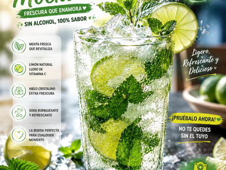 Mojito Mocktail con menta fresca, limón, hielo y soda burbujeante. Bebida refrescante sin alcohol ideal para el verano.