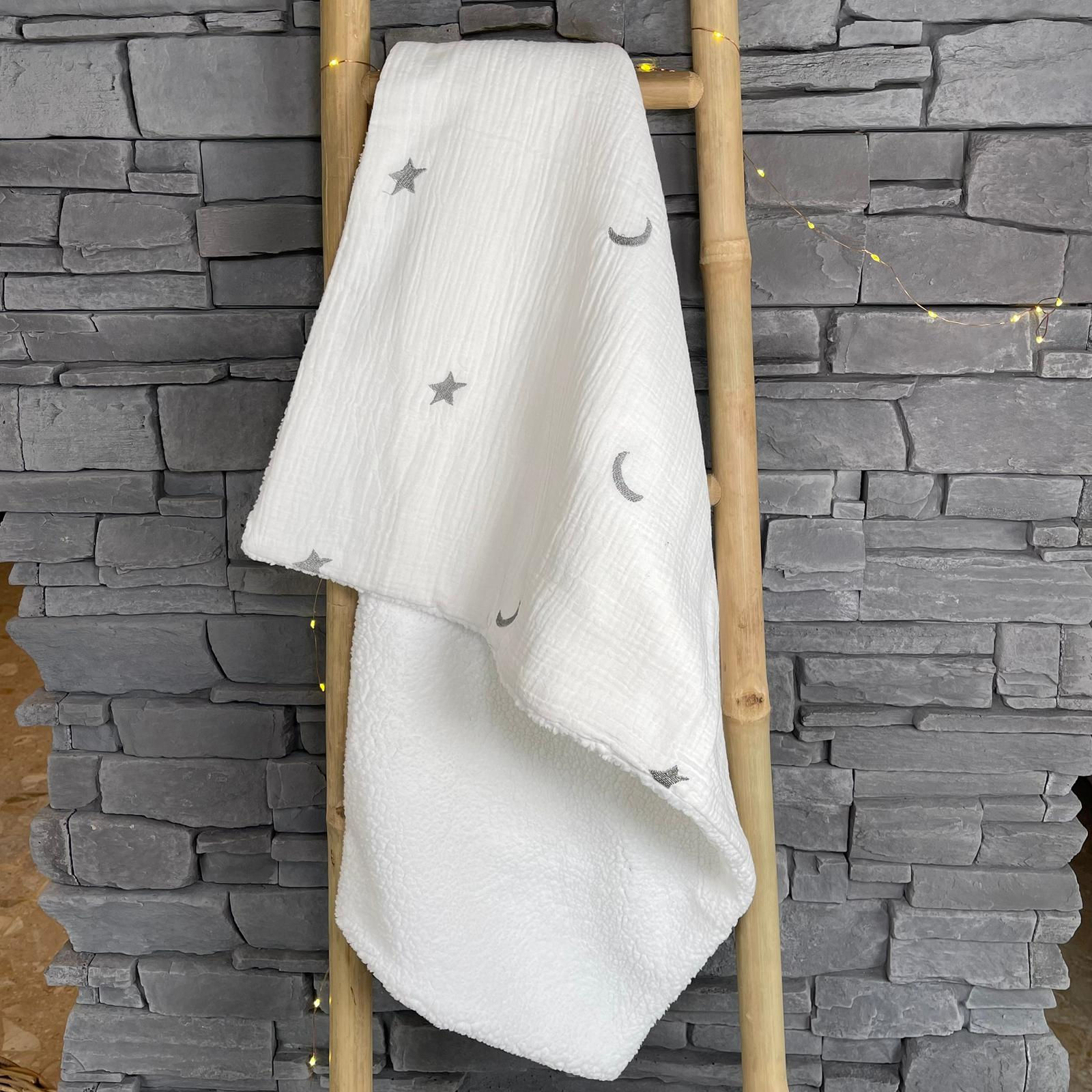 Lunes et étoiles brodées grises - Fond blanc