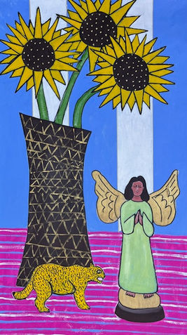 Sunflowers and angel statue