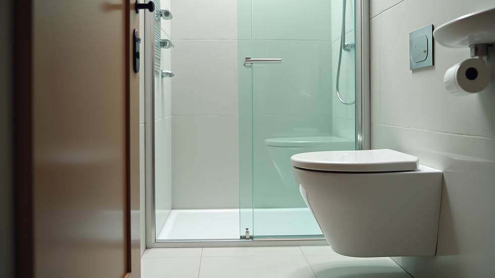 Close-up view of a glass shower door and slim-profile toilet in a small bathroom