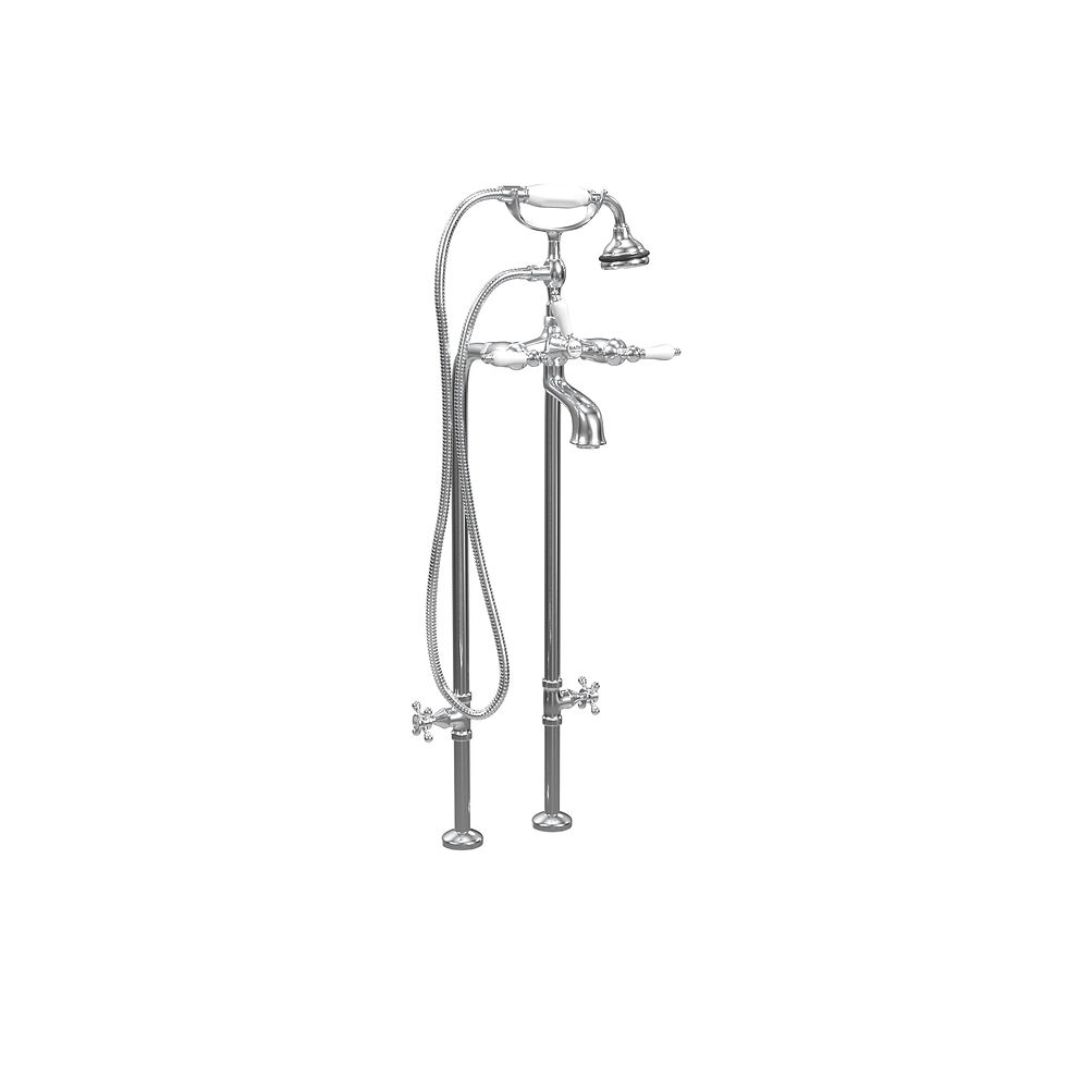 Thumbnail: Cheviot Freestanding Tub Filler w/ Hand Shower & Stop Valves, Ceramic Accents