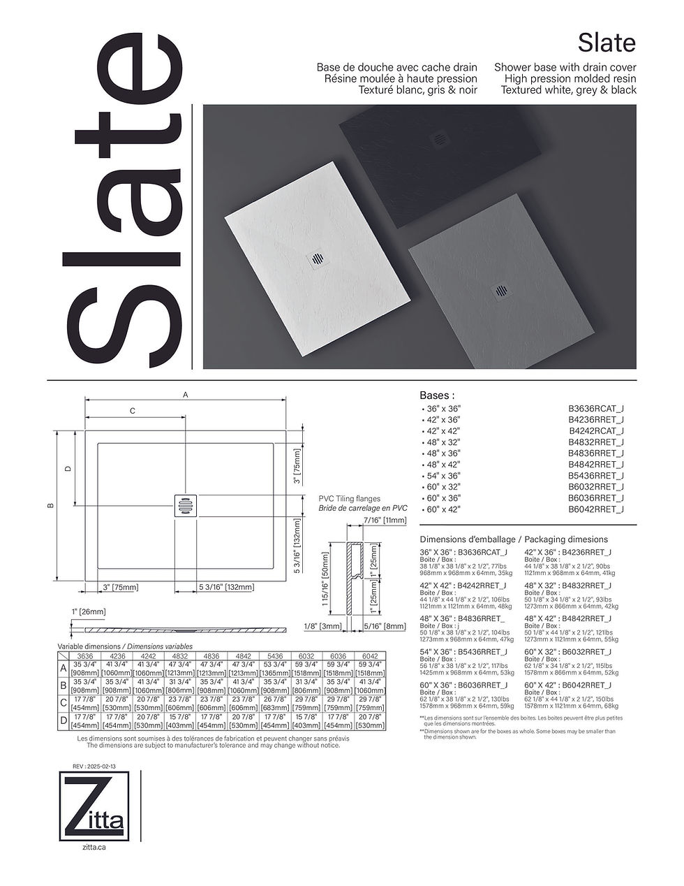 Thumbnail: Zitta Slate Shower Base – Textured Resin Shower Base with Drain Cover