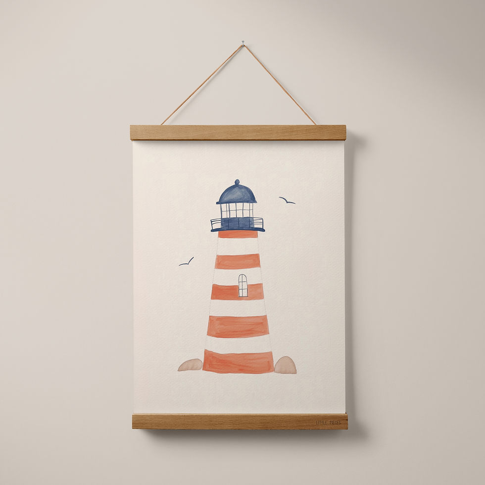 פוסטר קנבס מגדלור – איור של מגדלור פסים אדום לבן עם גג כחול כהה וציפורים ברקע לחדר ילדים | Little Pieces