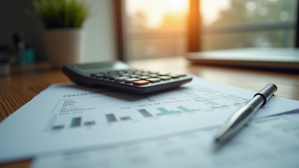 Eye-level view of a calculator and financial documents on a wooden table
