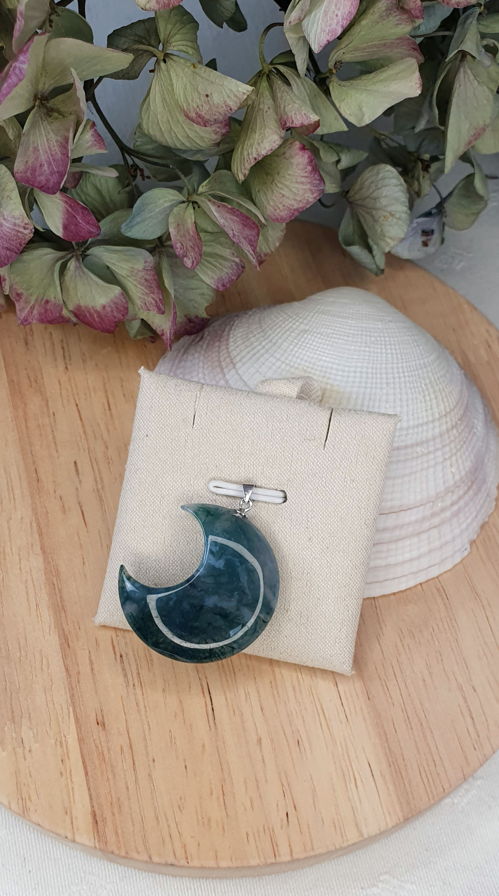 Anhänger Moosachat Mond, 925er Silber Öse