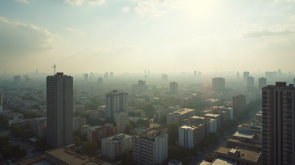 Wide angle view of an urban landscape featuring residential buildings