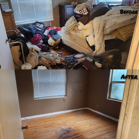 Before & After a house bedroom piled with trash gets cleanede out.