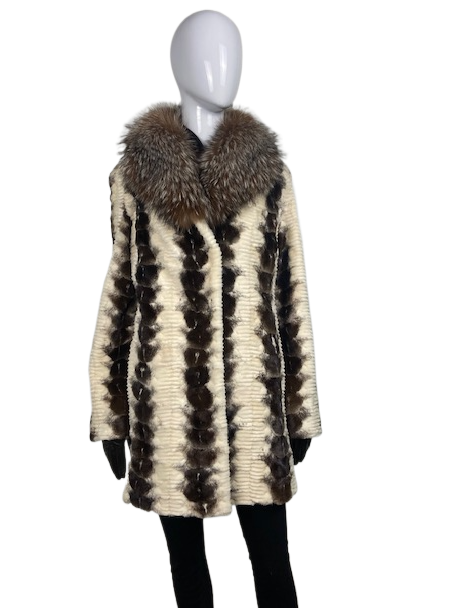 Sheared & Grooved Mink Sections Jacket - Fox Collar
