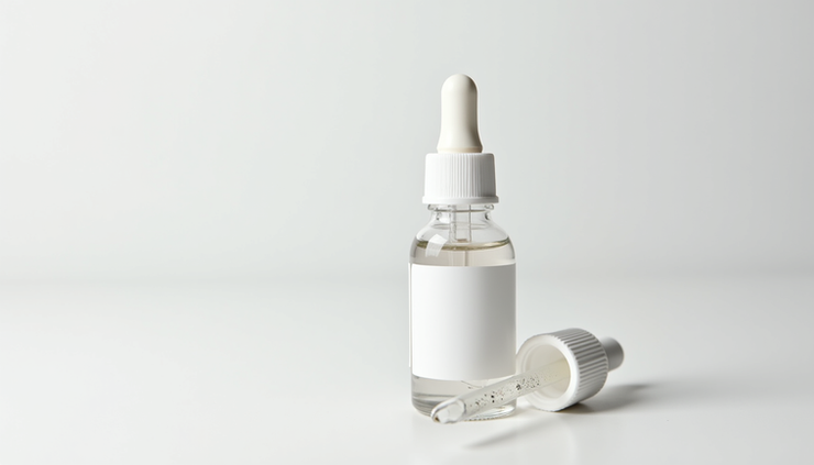 Nahaufnahme eines PDRN-Serums in einer Glasflasche auf einem weißen Hintergrund