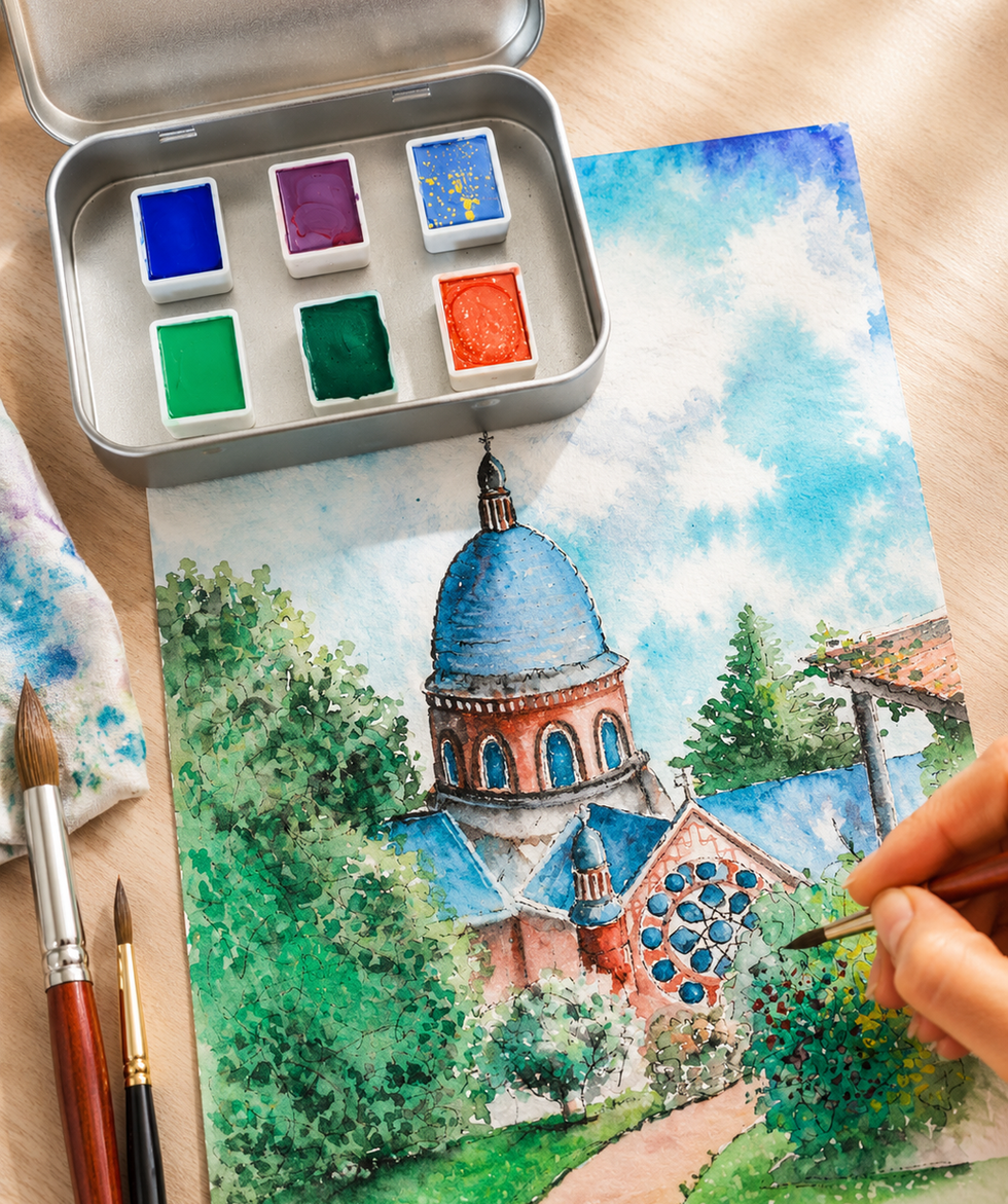 Palette aquarelle fait main pour peinture watercolor, illustration du Jardin de La Perrine à Lava,  nature, matériel artiste portable.