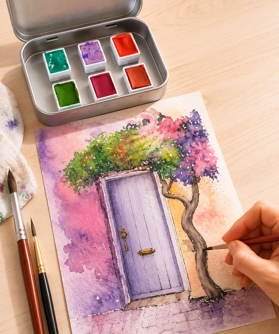 Palette aquarelle fait main pour peinture watercolor, illustration de d'une porte avec un arbre, matériel artiste portable.
