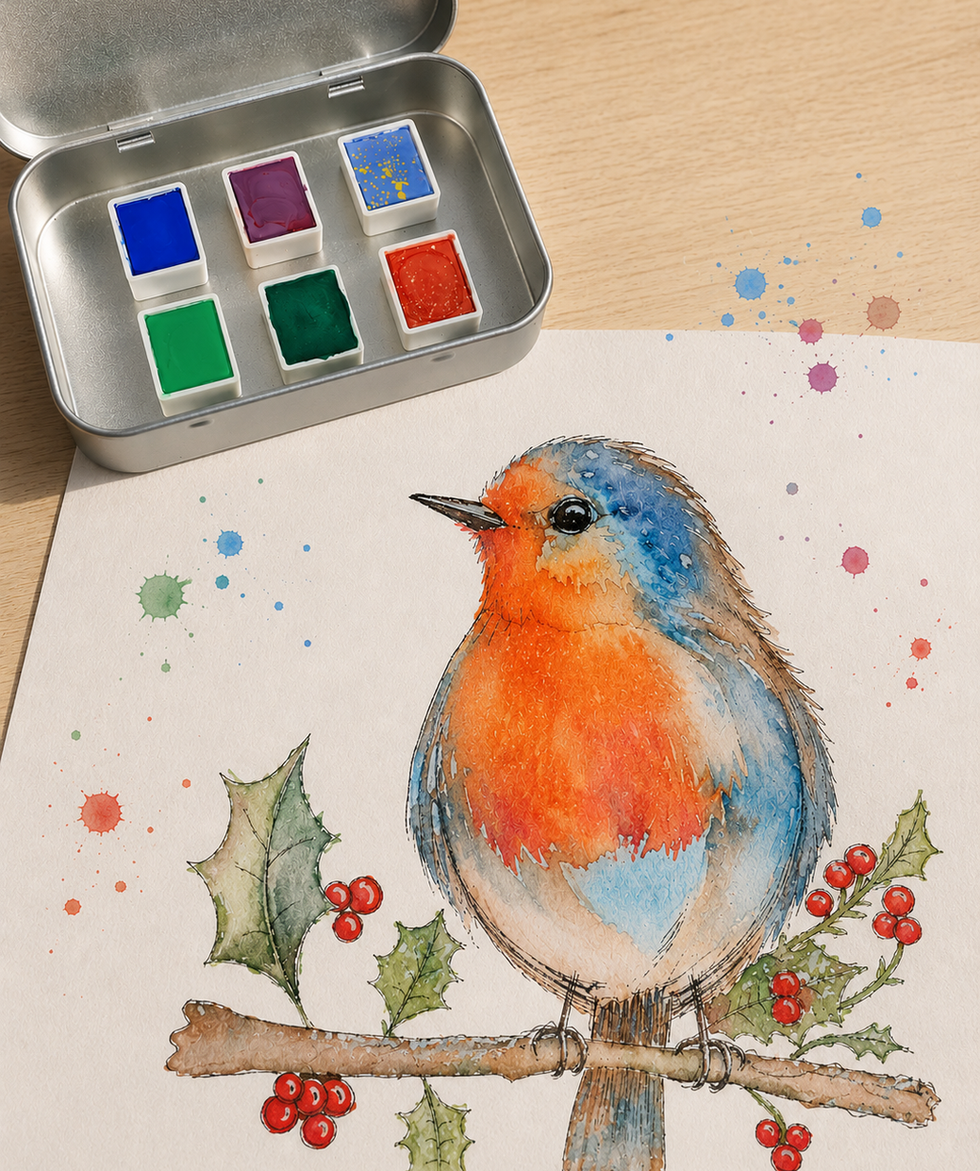 Palette aquarelle fait main pour peinture watercolor, illustration d' un rouge-gorge, matériel artiste portable.