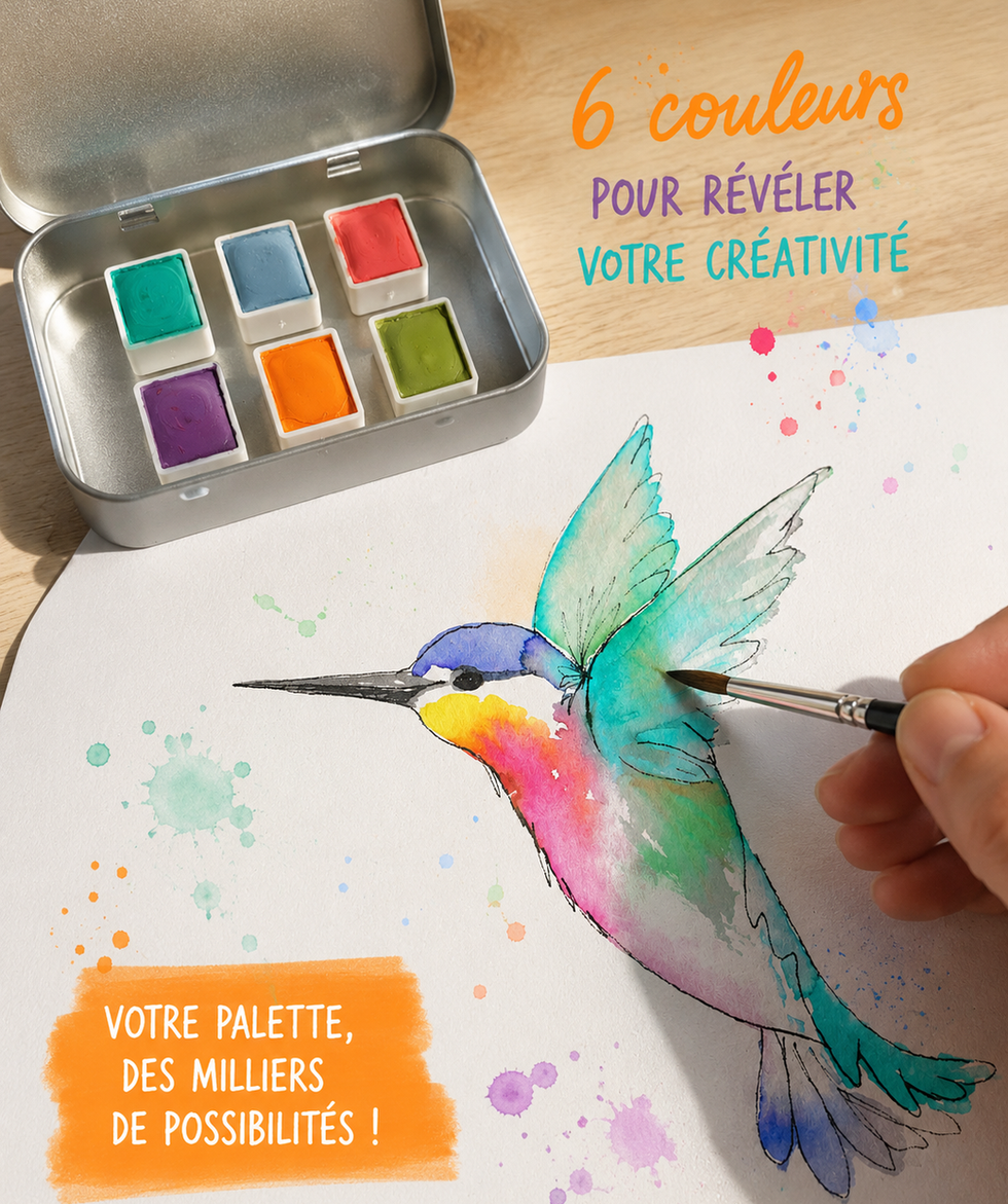 Palette aquarelle fait main pour peinture watercolor, illustration d'un colibri , matériel artiste portable.