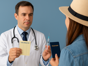 Médico infectologista mostrando o cartão de vacinação para uma pessoa prestes a viajar