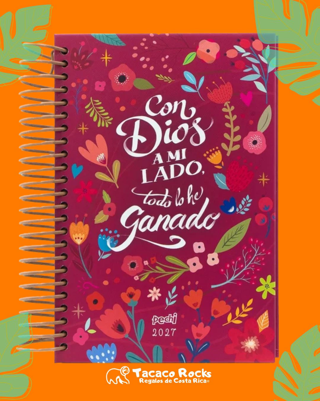 Agenda 2027 de diseño en rojo vino, con delicados detalles florales y la frase “Con Dios a mi lado, todo lo he ganado