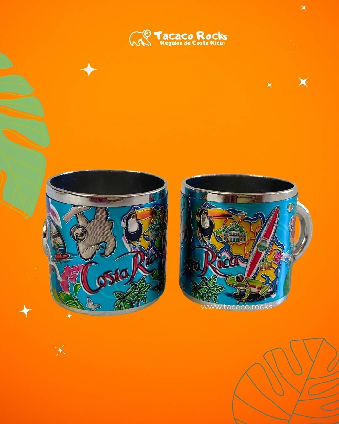 vista Set de dos mini tequileras metálicas con imán, tamaño pequeño de colección, con ilustraciones de fauna de Costa Rica