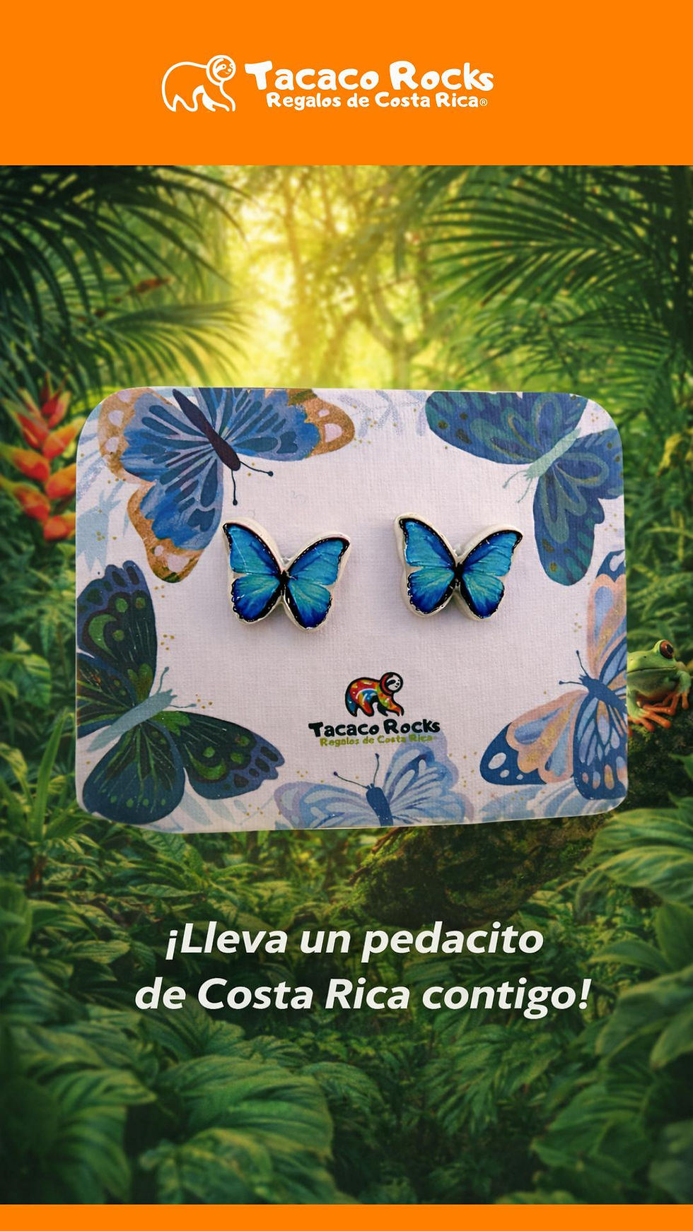 Adorables aretes de mariposa morfo inspirados en la naturaleza de Costa Rica. Ligeros, coloridos y perfectos para regalar.