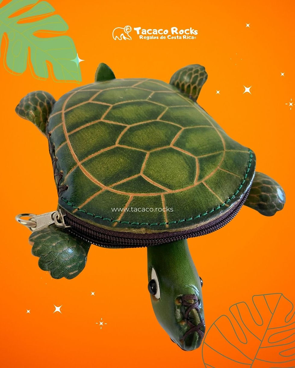 vista desde arriba Monedero de cuero verde con forma de tortuga marina, detalles de caparazón en relieve, marca Tacaco Rocks