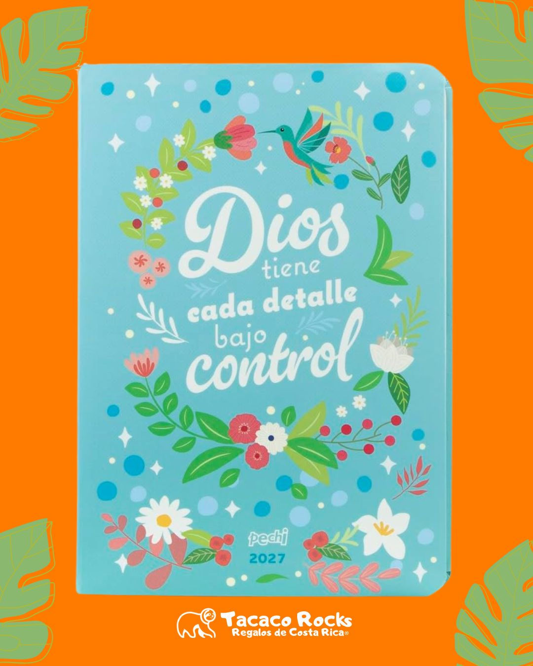 agenda pechi vista frontal Agenda 2027 Flexibound en delicado celeste cielo, con detalles florales, puntos y estrellas.