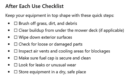 Cockrum Small Engine Services Tune Up Check List