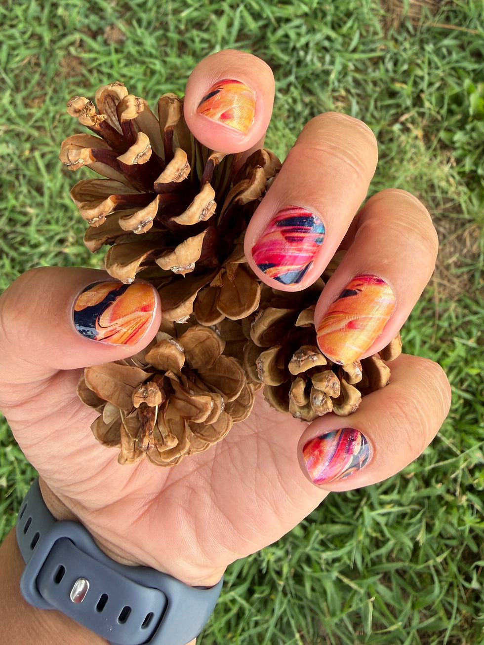 Molten Sunset Nail Wrap, lava colored nail wrap sticker, on hand model