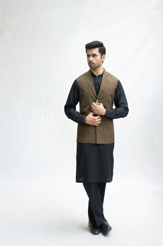 Olive Brown Textured Collar Waistcoat