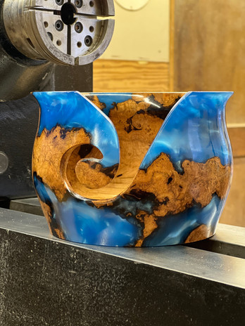 Large Yarn Bowl, Cherry Burl Wood with Blue Resin
