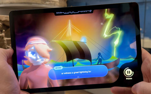 An AR screenshot from Time Odyssey showing character dialogue and cutscene.