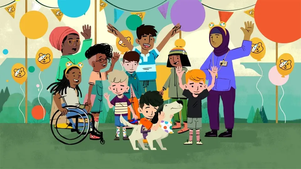Illustration of a group of children surrounded by colourful balloons