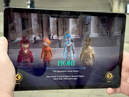 Hands hold up an iPad playing the Time Odyssey game. The screen shows four characters you can choose to play with.