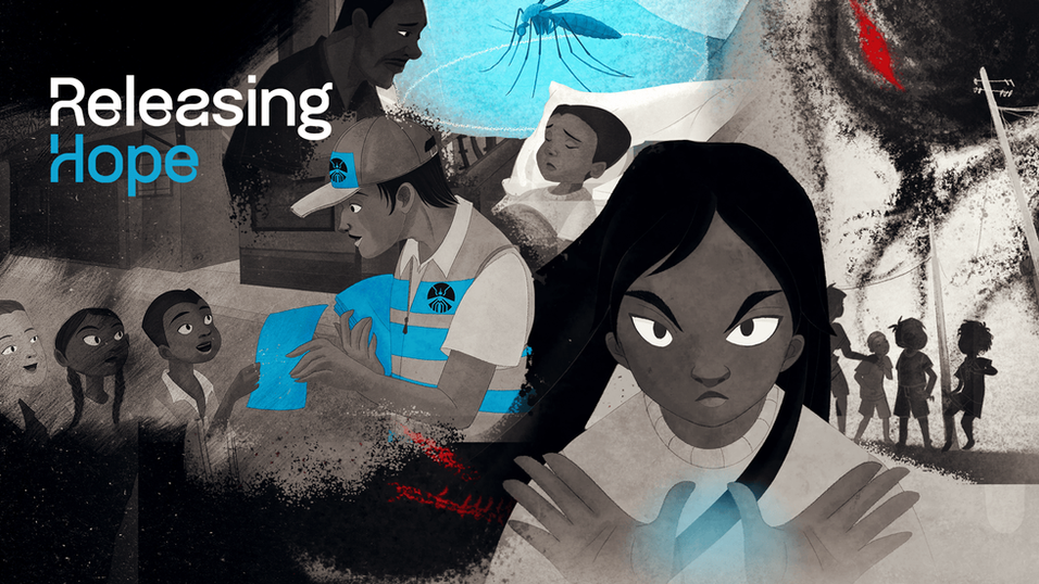 Illustration of children in communities experiencing mosquito-borne illness. One girl looks at the camera in definace.